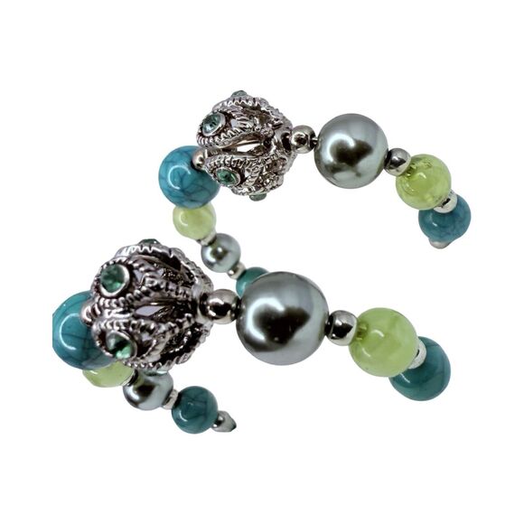 Blue Beaded Half Hoop Earrings 1.5" Silver Tone Bohemian Southwestern Native - Picture 9 of 12